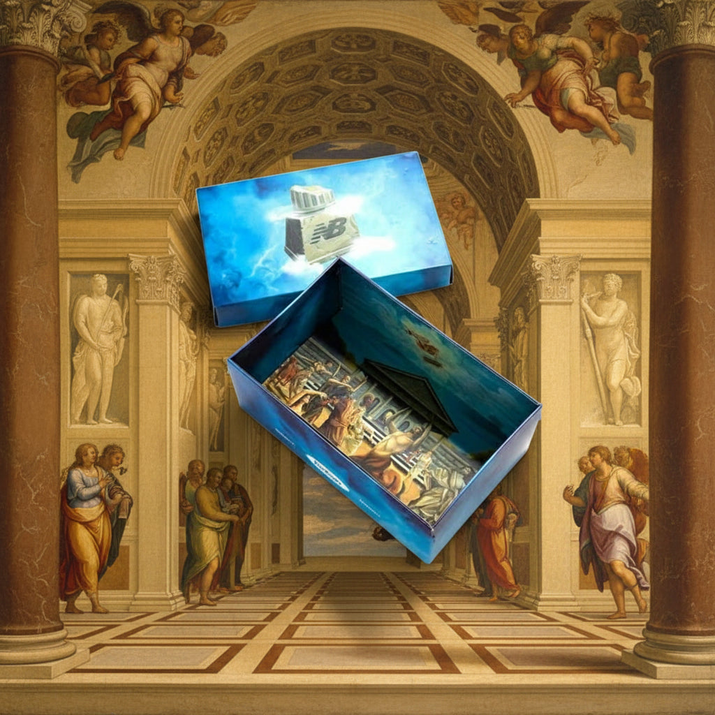 Tênis Azul Masculino New Balance 9060 Bodega Age of Discovery Caixa do Produto Aberto Destacando a Era do Renascimento