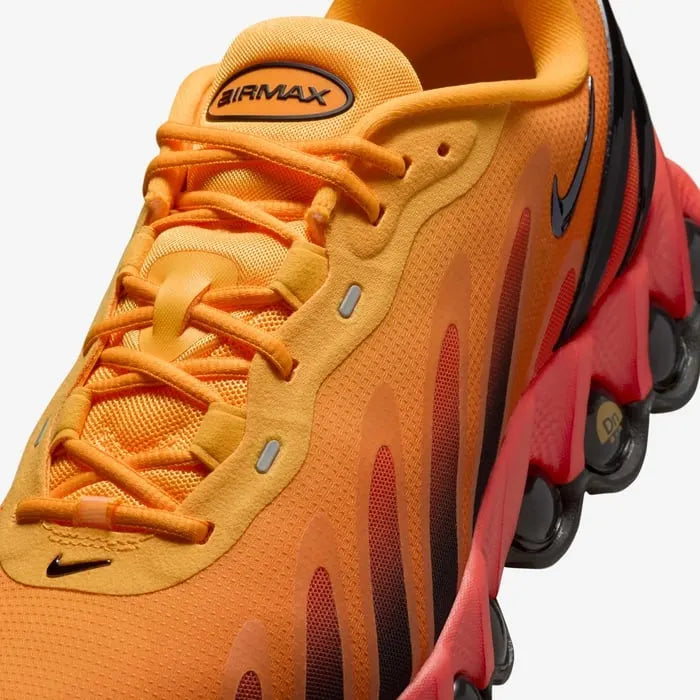 Tênis Laranja com Preto Nike Air Max Dn8 Laser Orange Black Parte Frontal em Detalhes