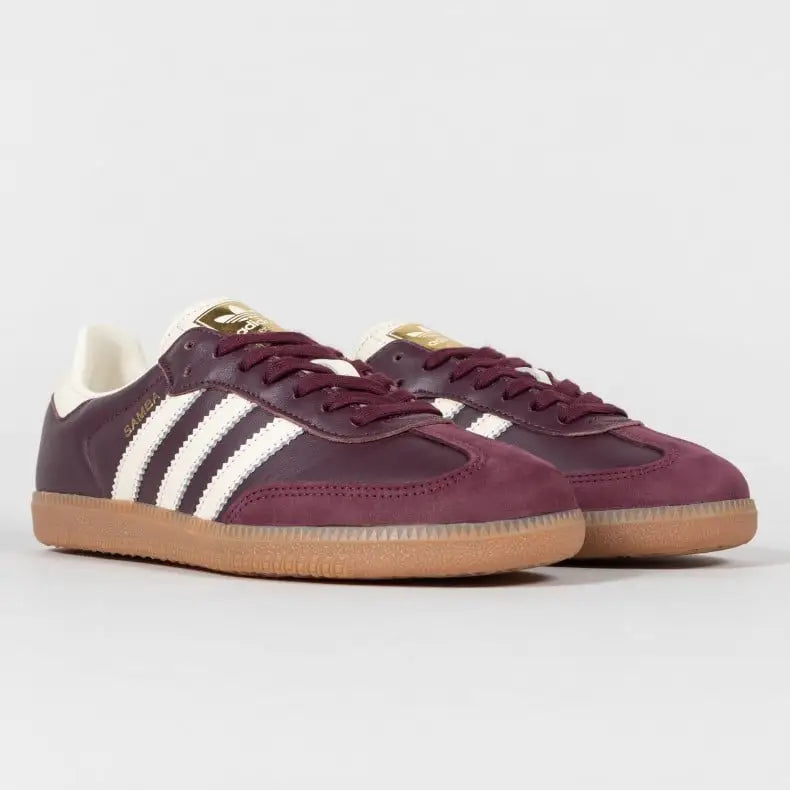 Tênis Adidas Samba Maroon Gold Metallic Par Visto de Frente
