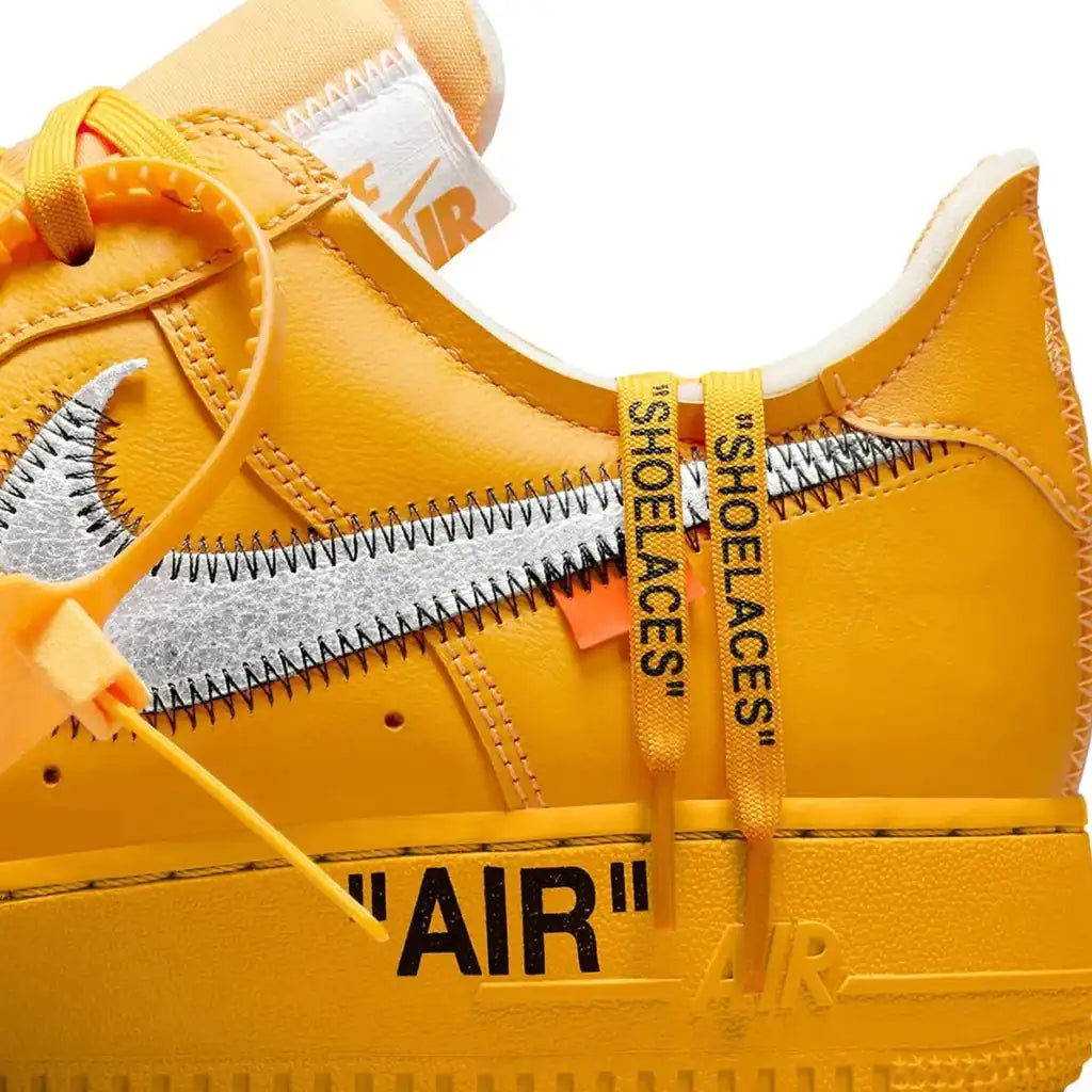 Nike Air force 1 Low Off White University Gold Metallic Silver Detalhes do Cadarco Amarelo