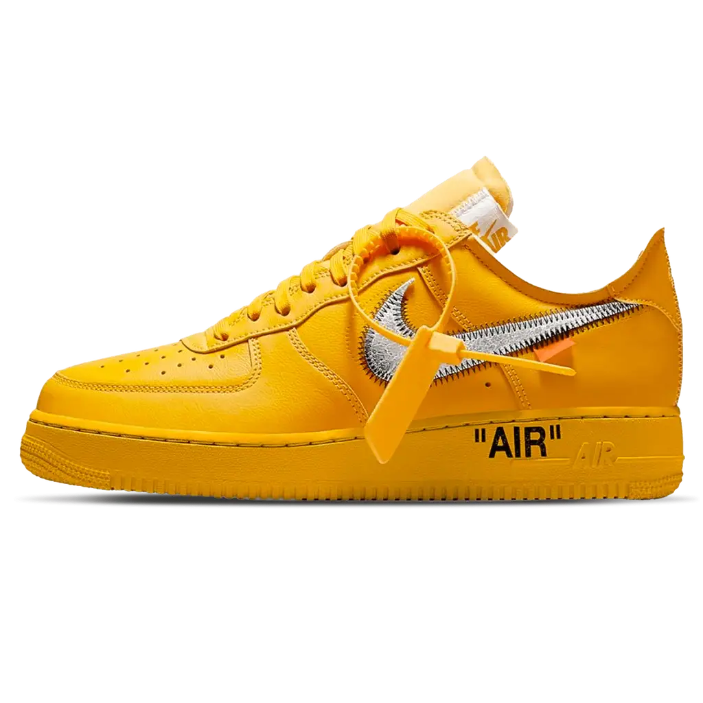 Nike Air force 1 Low Off White University Gold Metallic Silver Parte Lateral Esquerda