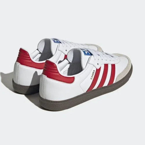 Tênis Branco com Vermelho Adidas Samba White Scarlet Parte Traseira em Detalhes