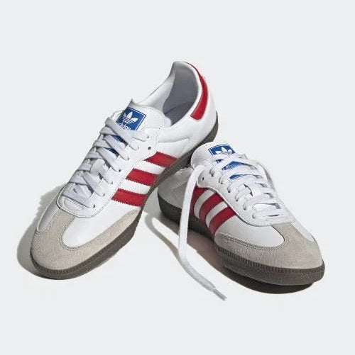 Tênis Branco com Vermelho Adidas Samba White Scarlet Par Visto de Frente