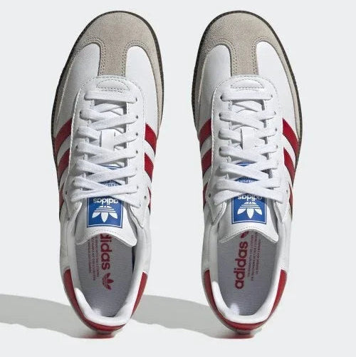 Tênis Branco com Vermelho Adidas Samba White Scarlet Par Visto por Cima