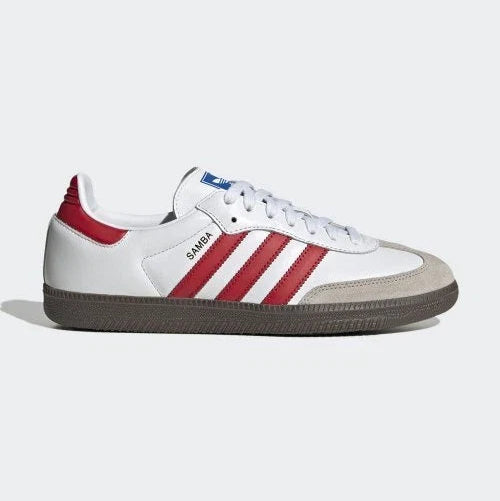Tênis Branco com Vermelho Adidas Samba White Scarlet Parte Lateral Escrita Samba em Dourado