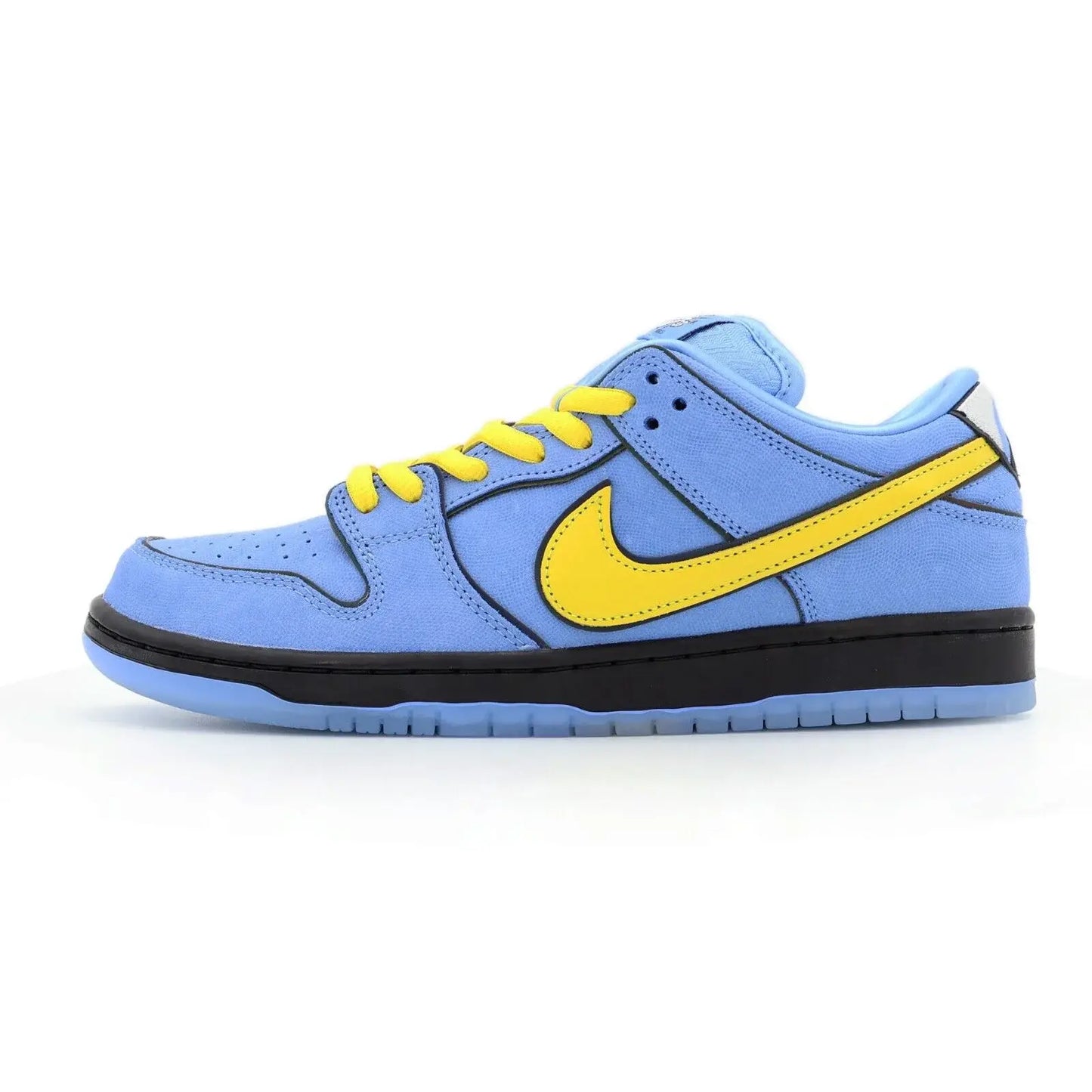 Tênis Nike Azul Dunk Low Meninas Super Poderosas Lindinha Visto pelo Lado Esquerdo