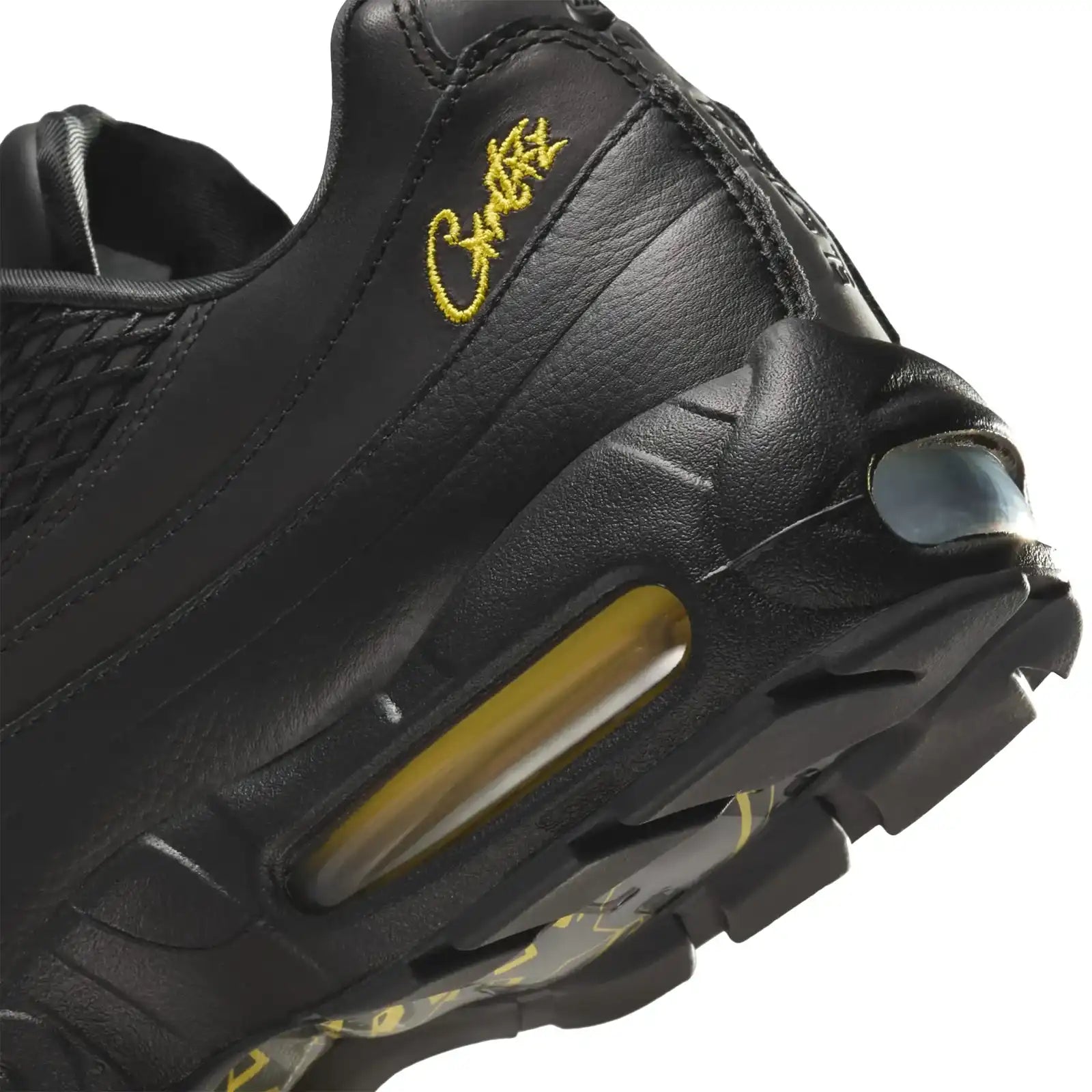 Tênis Preto com Amarelo Nike Air Max 95 Corteiz Honey Black Parte Traseira em Detalhes