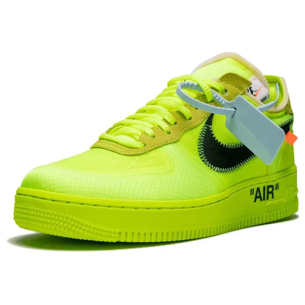 Tênis Verde Nike Air Force 1 Low Off-White Volt Parte Frontal Com Lacre Azul
