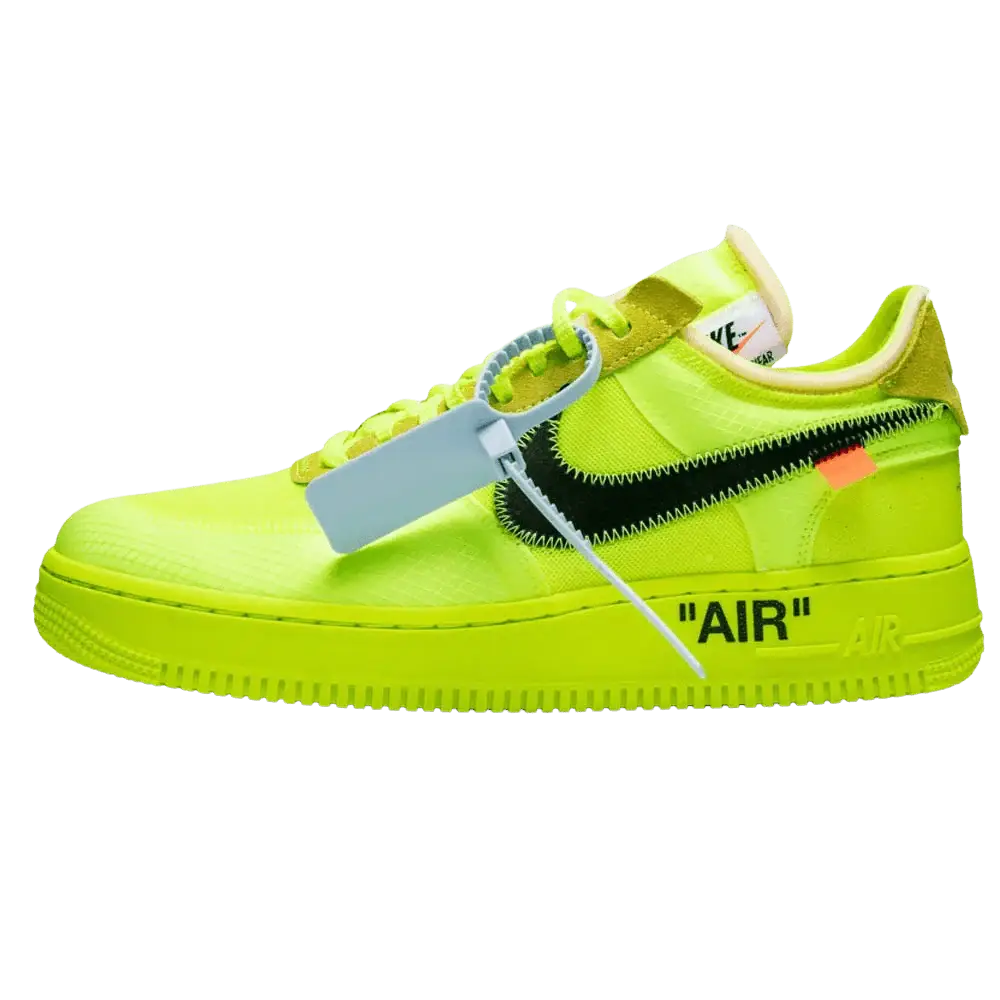 Tênis Verde Nike Air Force 1 Low Off-White Volt Parte Lateral Esquerda com Lacre